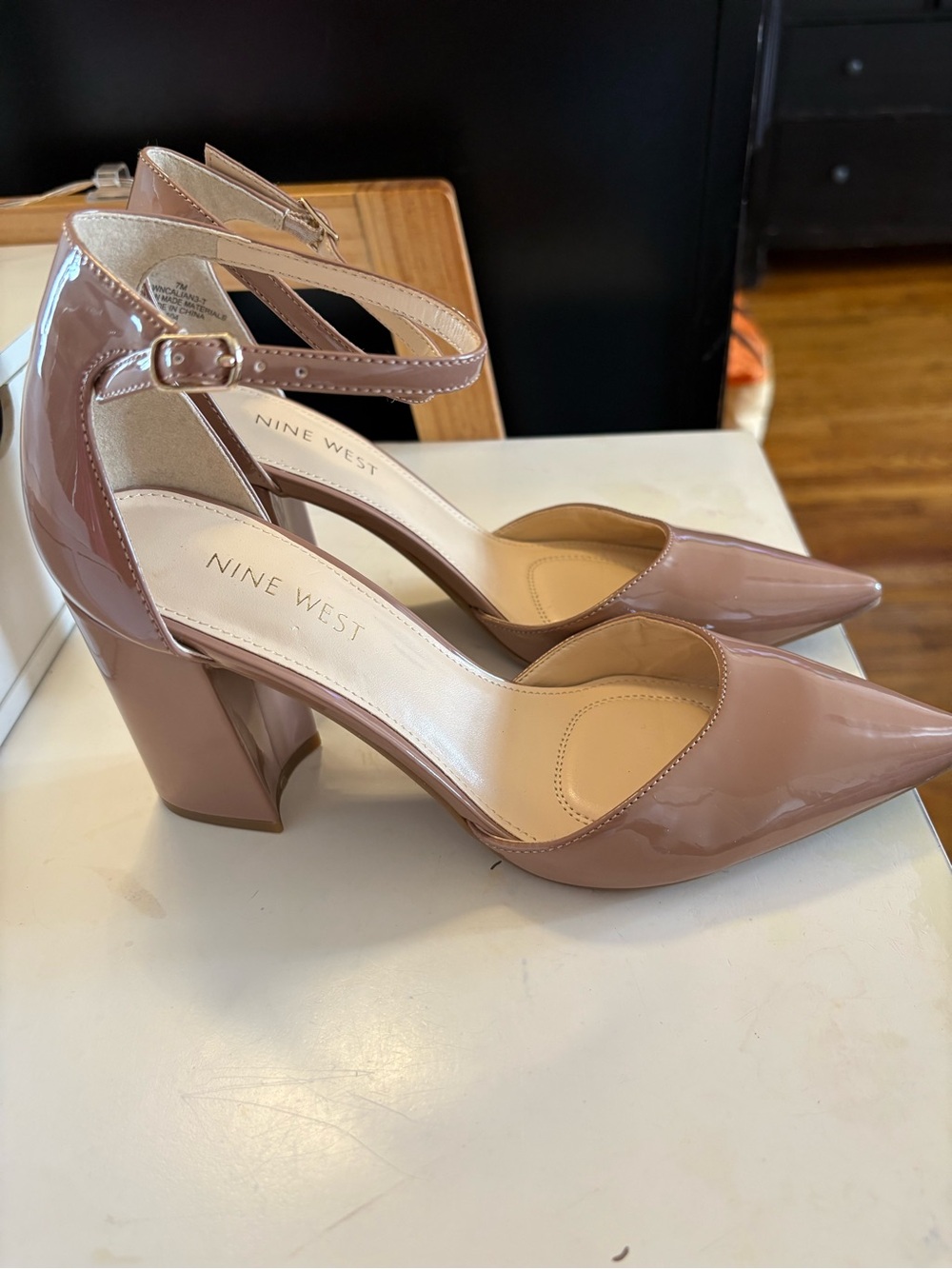 Nine West Glossy Nude Block Heels